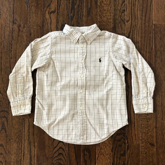 *EUC* Ralph Lauren Boys 4 Cream Flannel Blue Plaid Lines Long-Sleeve Button-Down - Picture 1 of 11